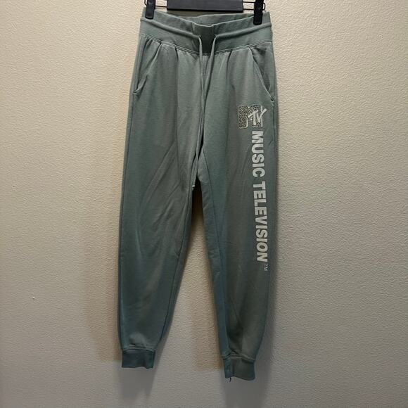 MTV Music Television Sweatpants Jogger Green Stretch Logo Drawstring Sz XS - Picture 2 of 6